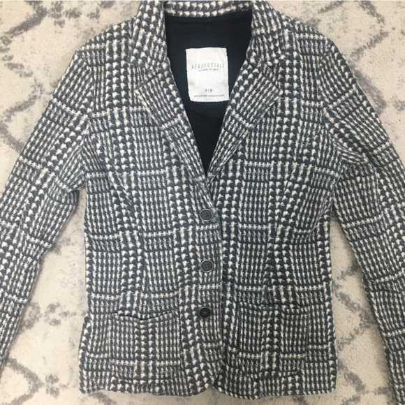 Aeropostale Grey White Plaid Blazer Jacket women’s medium M​​​ - Picture 2 of 8